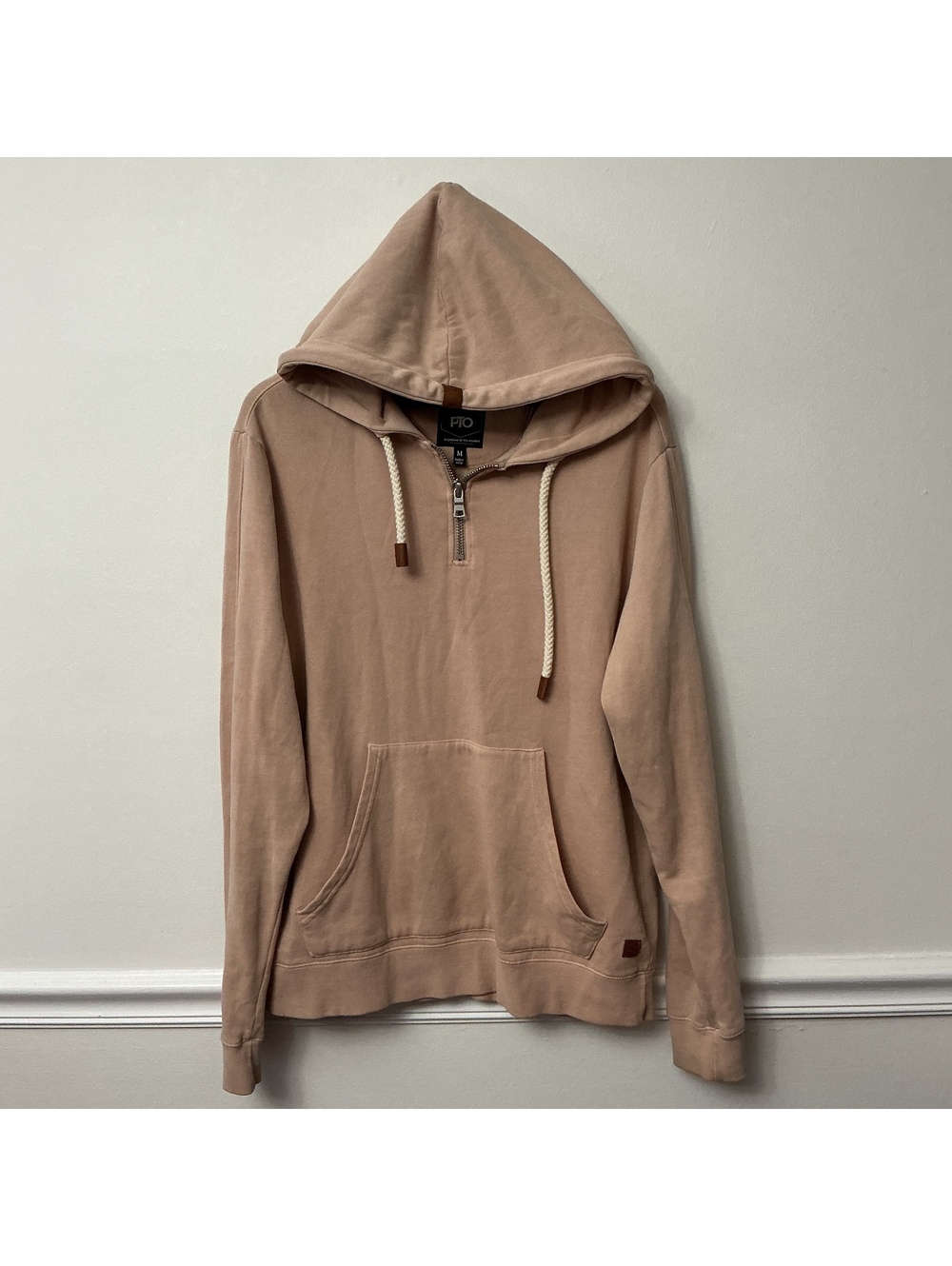 PTO Medium Beige Half-Zip Hoodie with Front Pocket and Drawstring Hood